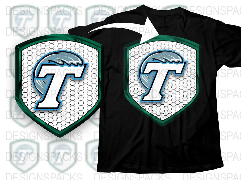Trendy Black T-Shirt with Blue and White Shield Logo, Custom Letter T Graphic Tee