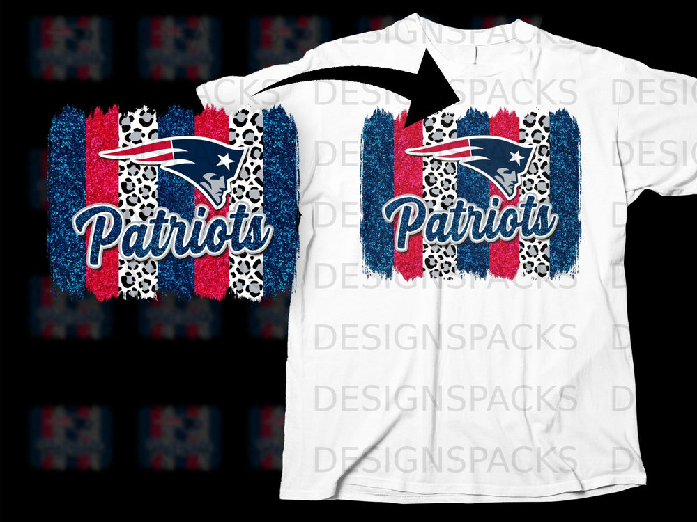 New England Patriots logo with distressed red, white, and blue stripes and leopard print.