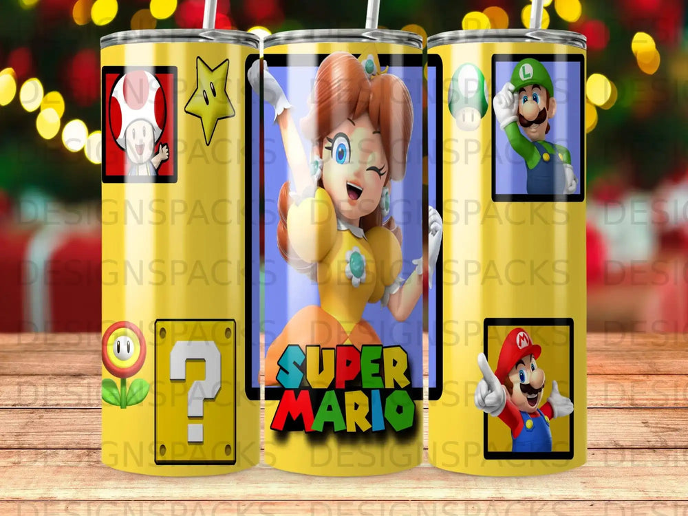 Super Mario characters including Daisy, Mario, and Luigi on a yellow tumbler.