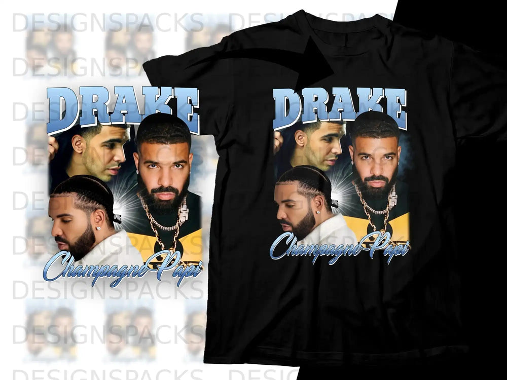 Drake's "Champagne Papi" t-shirt featuring two portraits and gold chain.