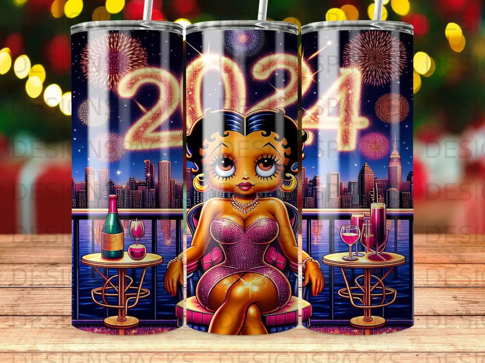 Betty Boop in a sparkling dress with "2024" and fireworks on a tumbler.