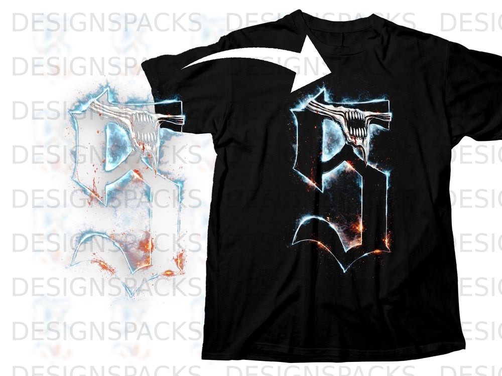 Black t-shirt with a stylized white and blue glowing symbol with fiery accents.