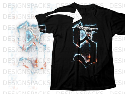 Black t-shirt with a stylized white and blue glowing symbol with fiery accents.