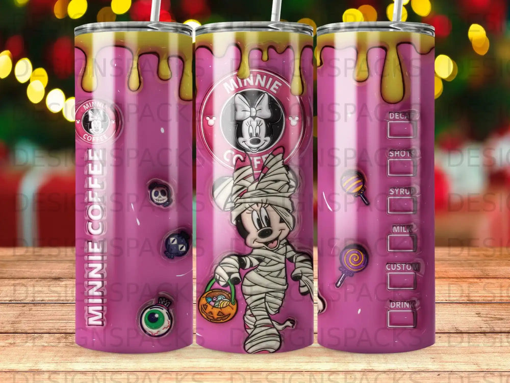 Minnie Mouse in a mummy costume with Halloween candy and coffee drink options.