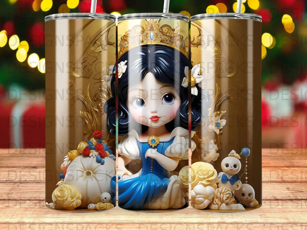 Snow White character with crown and animals on a patterned tumbler.