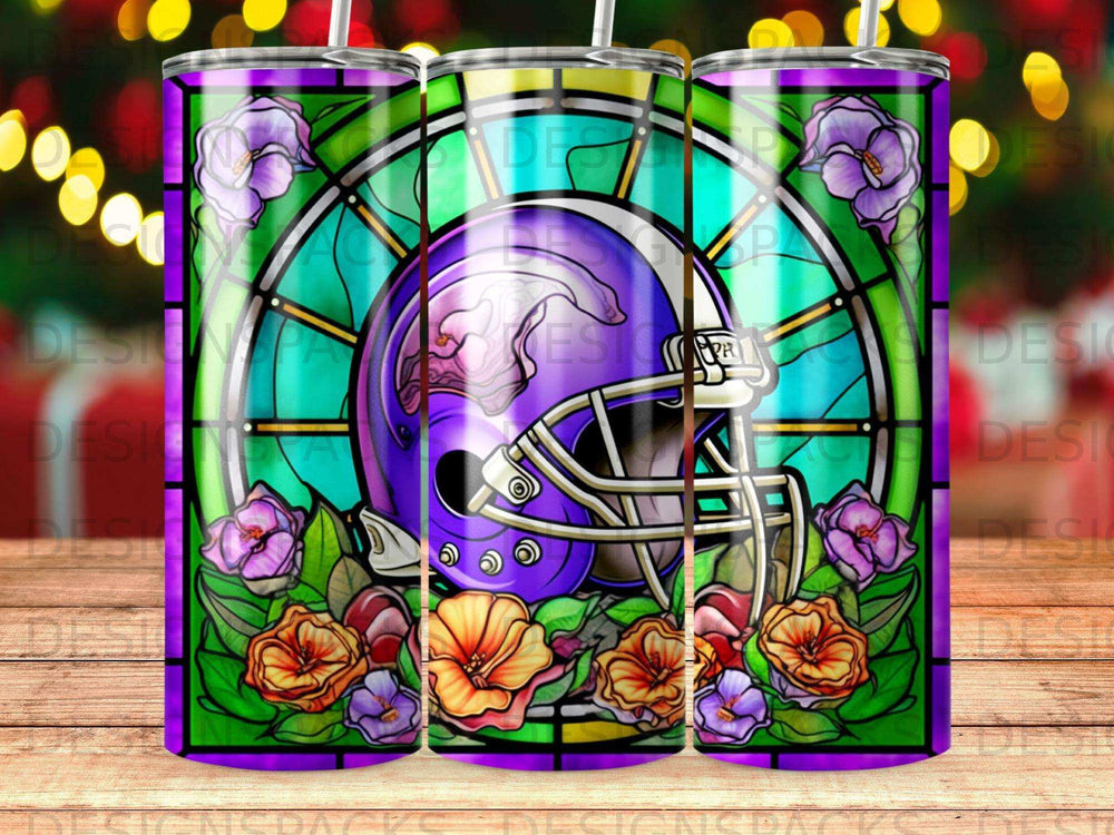 Purple football helmet with stained glass and floral accents.