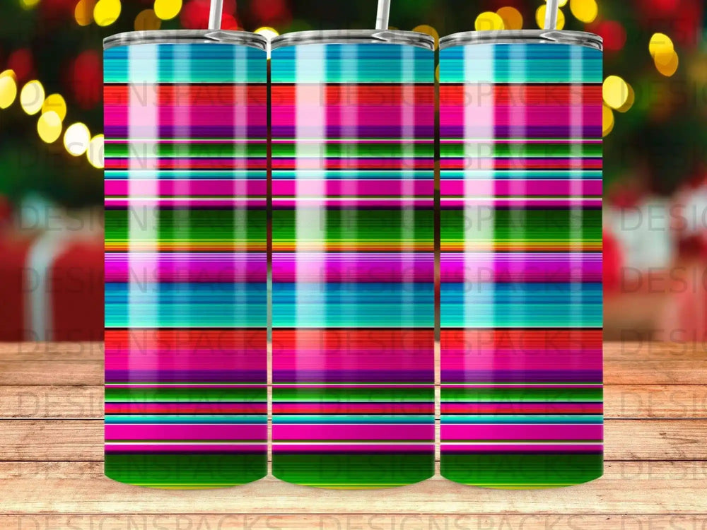 Striped tumbler with bold pink, green, blue, and yellow bands.
