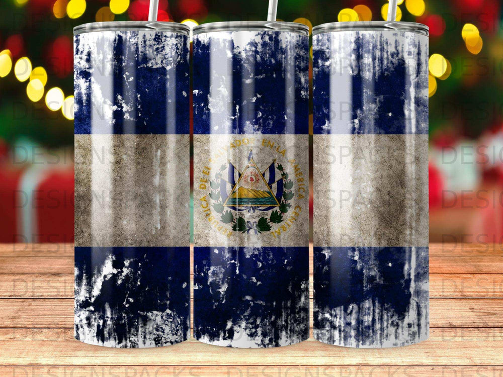 Distressed El Salvador flag pattern on a cylindrical tumbler.