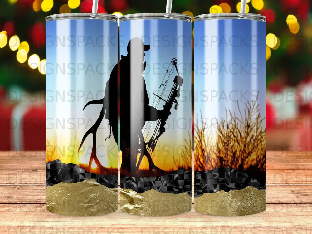 Silhouette of a hunter with a bow and arrow against a sunset sky on a tumbler.