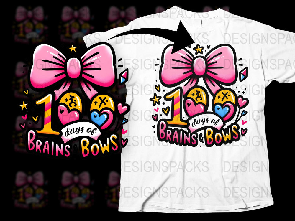 Colorful Kids T-Shirt 100 Days of School Celebration Brains and Bows Design