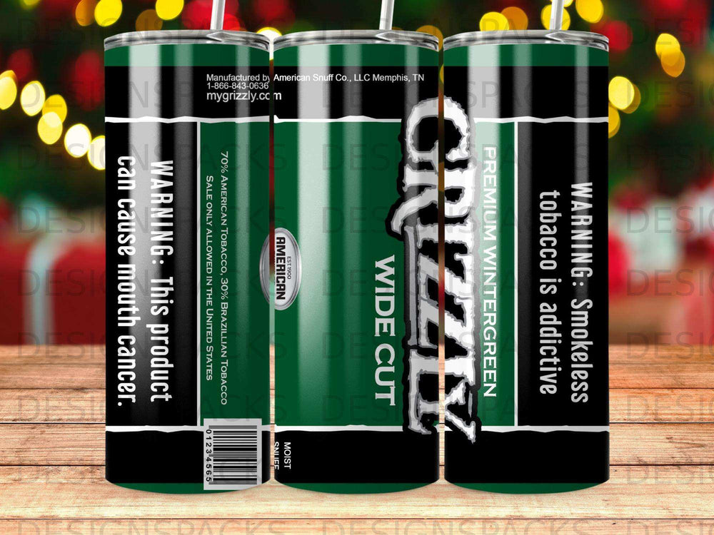 Grizzly Wide Cut Premium Wintergreen moist snuff can with warnings.