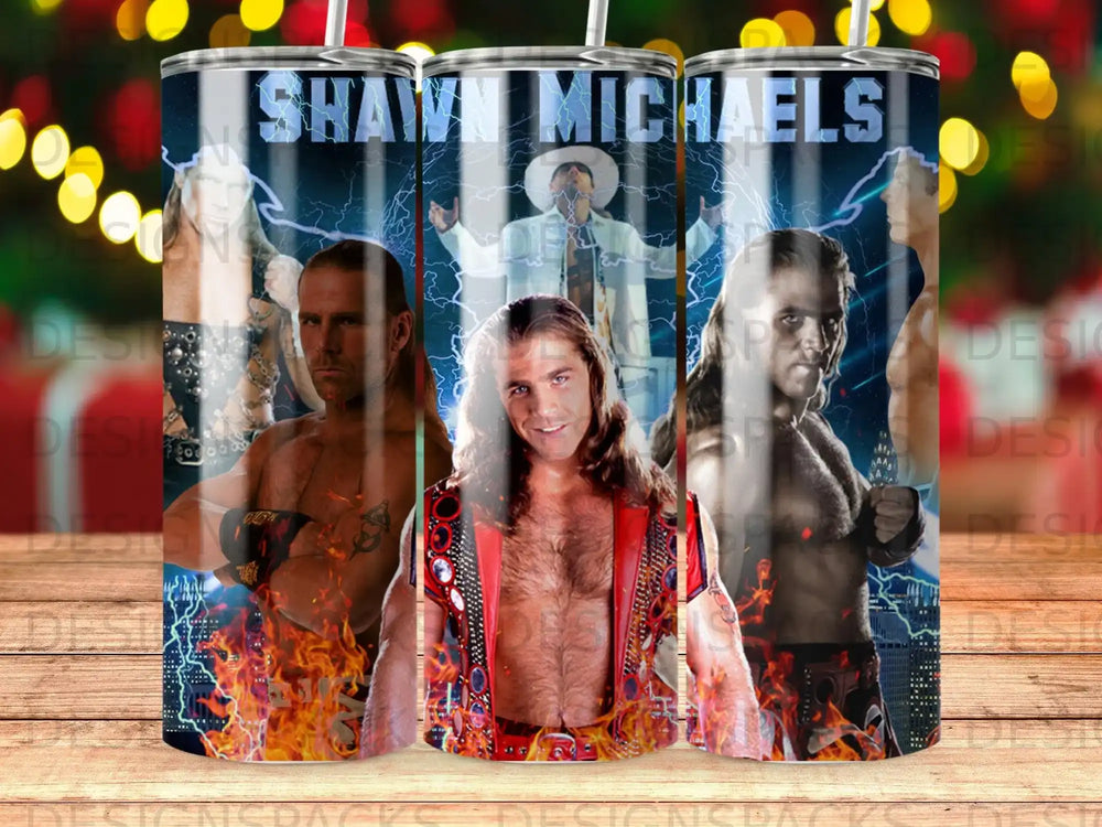 Shawn Michaels wrestling collage with fire and spotlights.