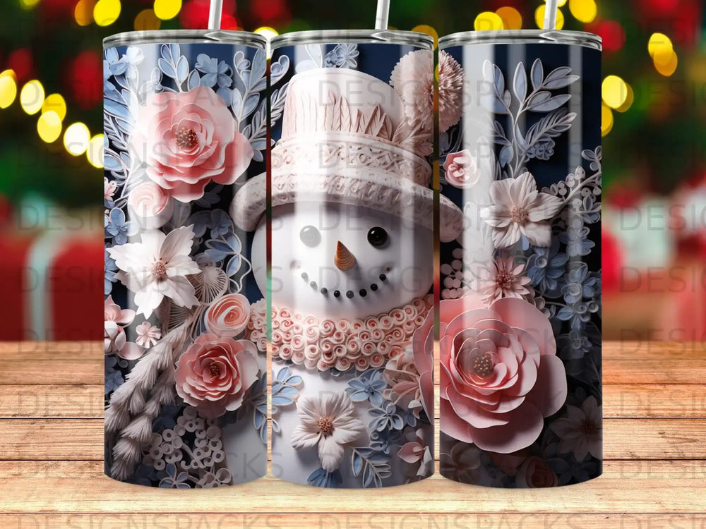 Snowman with pink flowers and floral accents on a dark background.