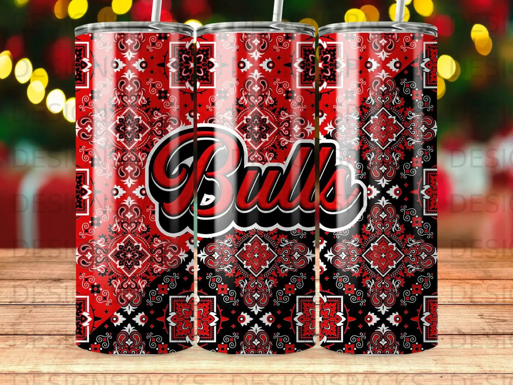 Red and black bandana pattern tumbler with "Bulls" logo.