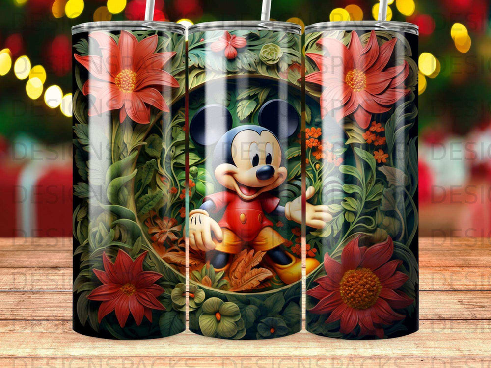 Mickey Mouse surrounded by red poinsettias and green foliage.