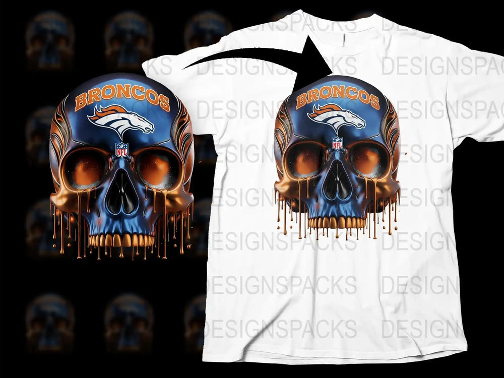 Denver Broncos Skull Graphic T-Shirt, NFL Team Fan Art Apparel, Unique Sports Fan Clothing Gift