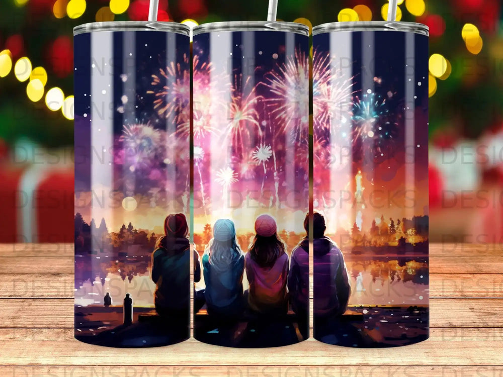 Four people watch fireworks over a calm body of water.