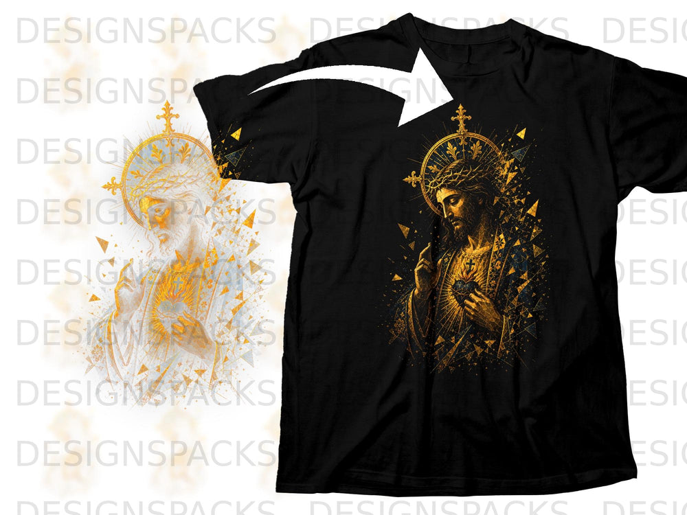 Black t-shirt with golden Sacred Heart of Jesus graphic and geometric accents.