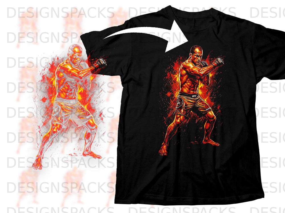 Black t-shirt with UFC fighter graphic, featuring flames and dynamic posing.