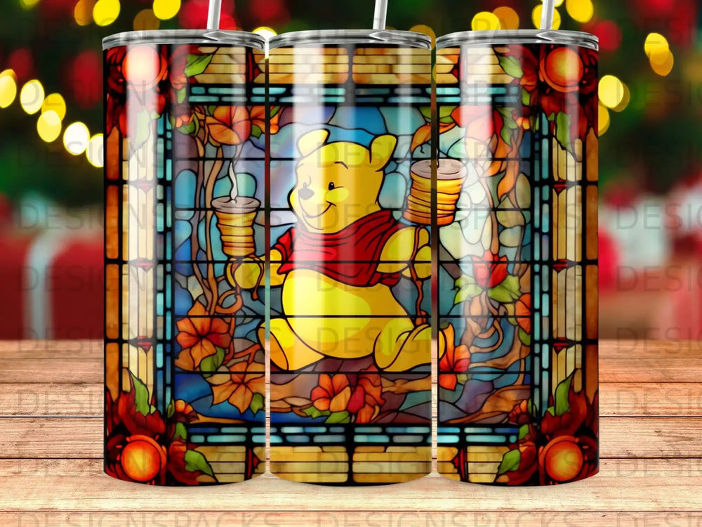 Winnie the Pooh in stained glass style, holding honey pots among autumn leaves.