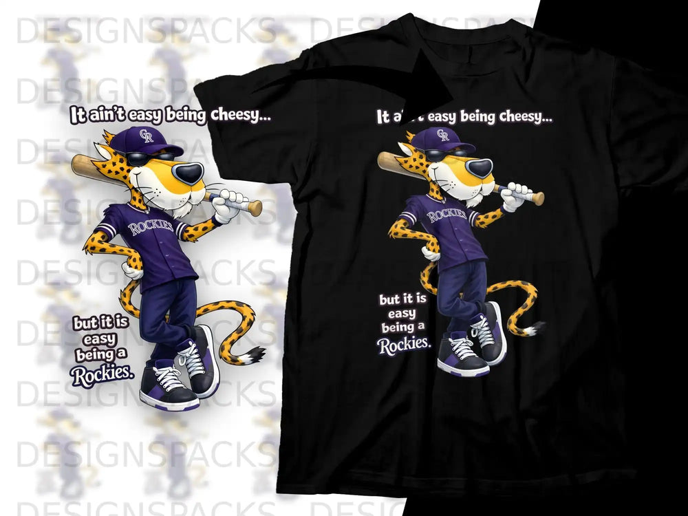 Chester Cheetah as a Rockies mascot wearing a baseball uniform.