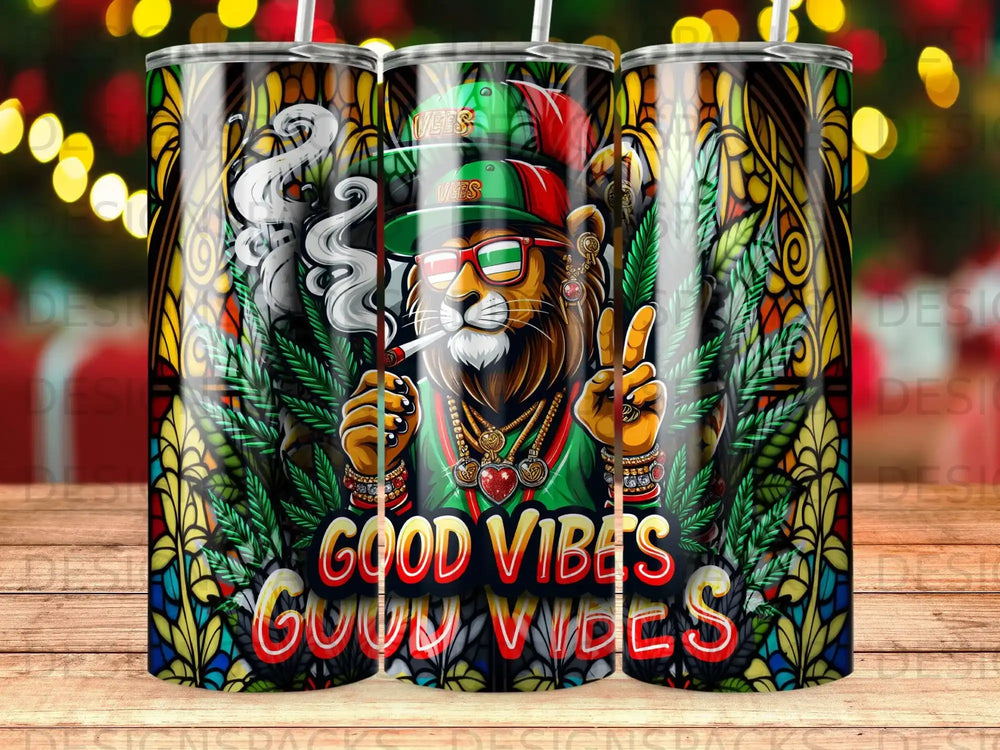 Lion wearing sunglasses and jewelry, smoking, with "Good Vibes" text.