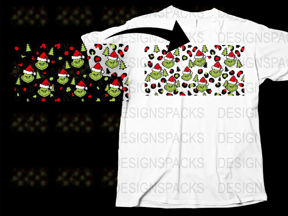 Festive Holiday T-Shirt, Christmas Grinch Pattern, Unisex Adult Fashion, Unique Graphic Tee Design, Seasonal Apparel