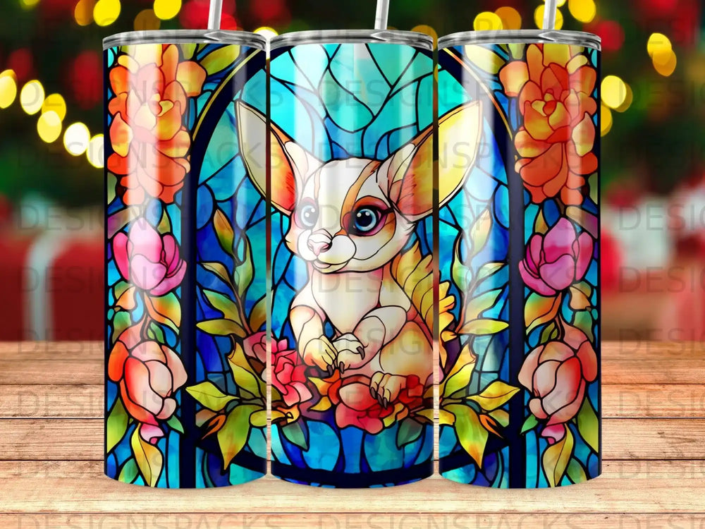 Stained glass chihuahua with floral border, vibrant colors, warm glow.