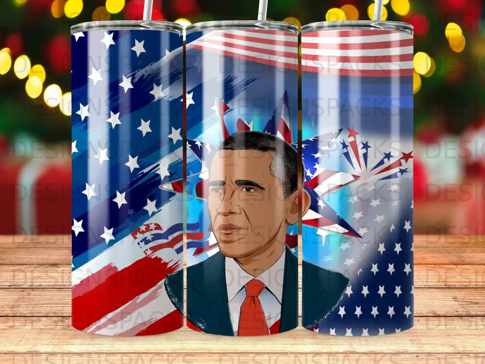 Barack Obama portrait with American flag background and stars.