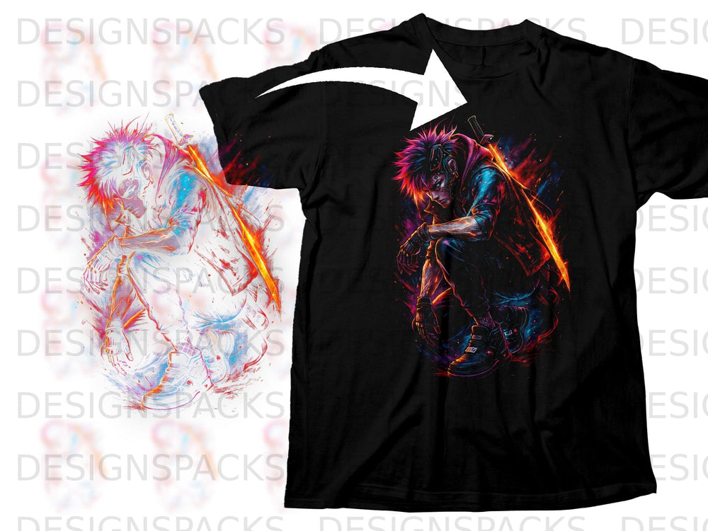 Black t-shirt with a vibrant anime character design featuring a sword.