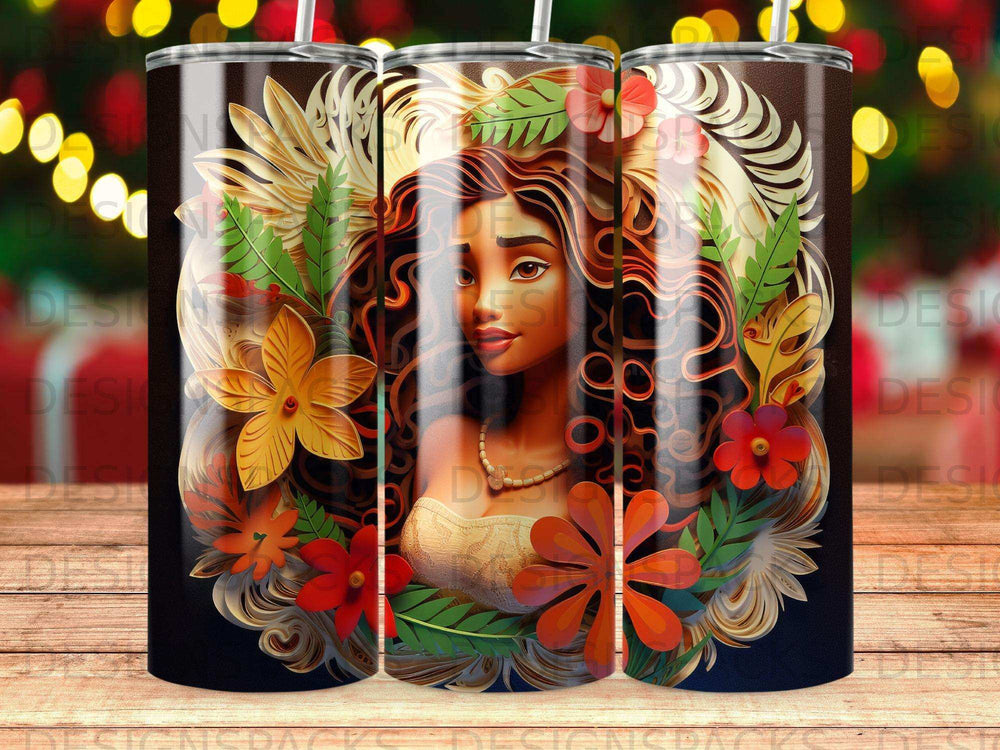 Stylized portrait of a woman with curly hair, surrounded by tropical flowers and leaves.