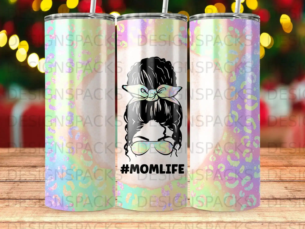 Tumbler with messy bun woman silhouette and #Momlife text.
