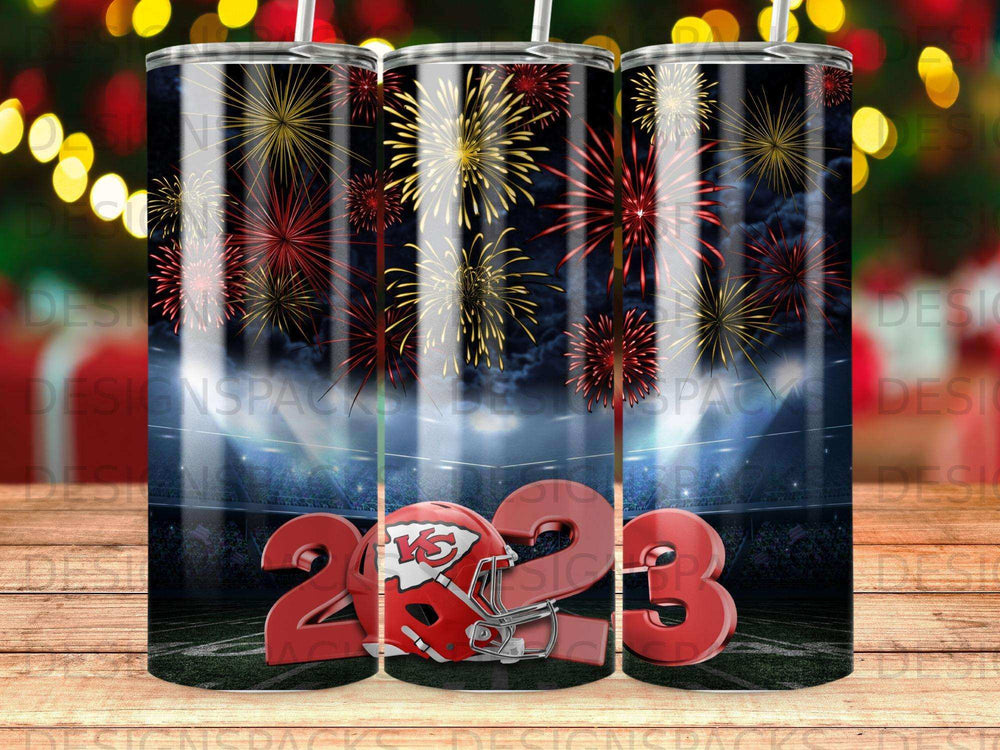 Kansas City Chiefs helmet and fireworks on a stadium background.