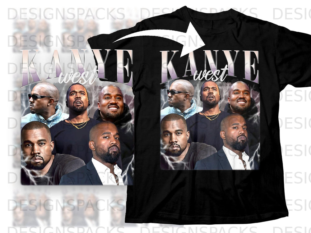 Black t-shirt with collage of Kanye West portraits and text.