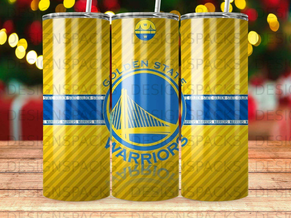 Golden State Warriors logo on a yellow and gold striped tumbler.