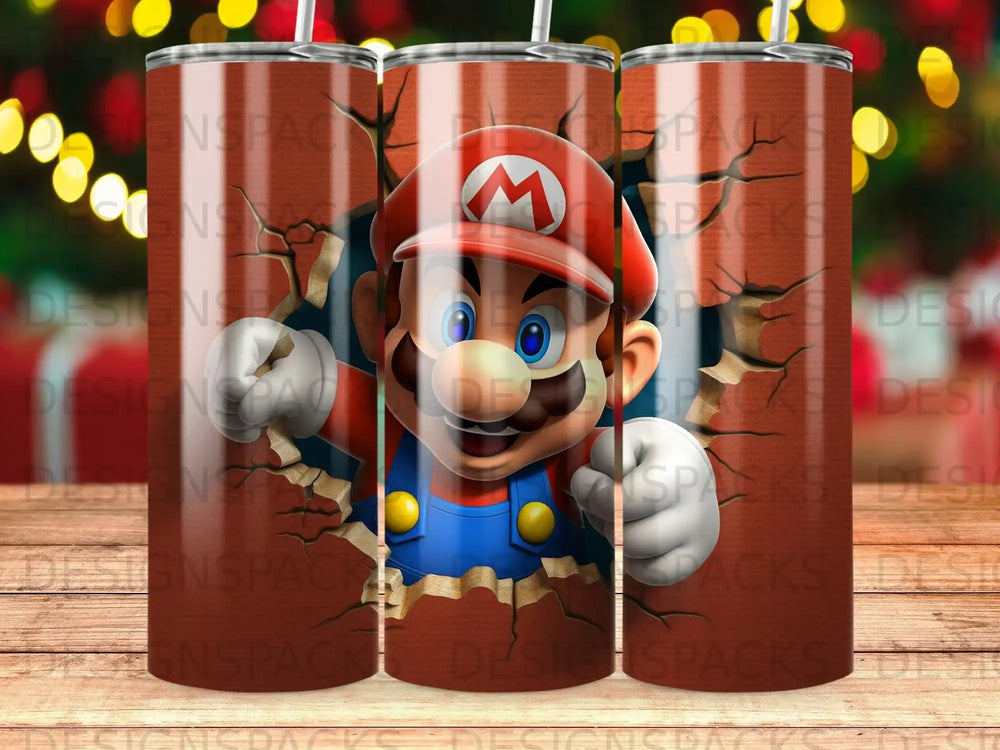 Mario peeking through a cracked wall on a tumbler.