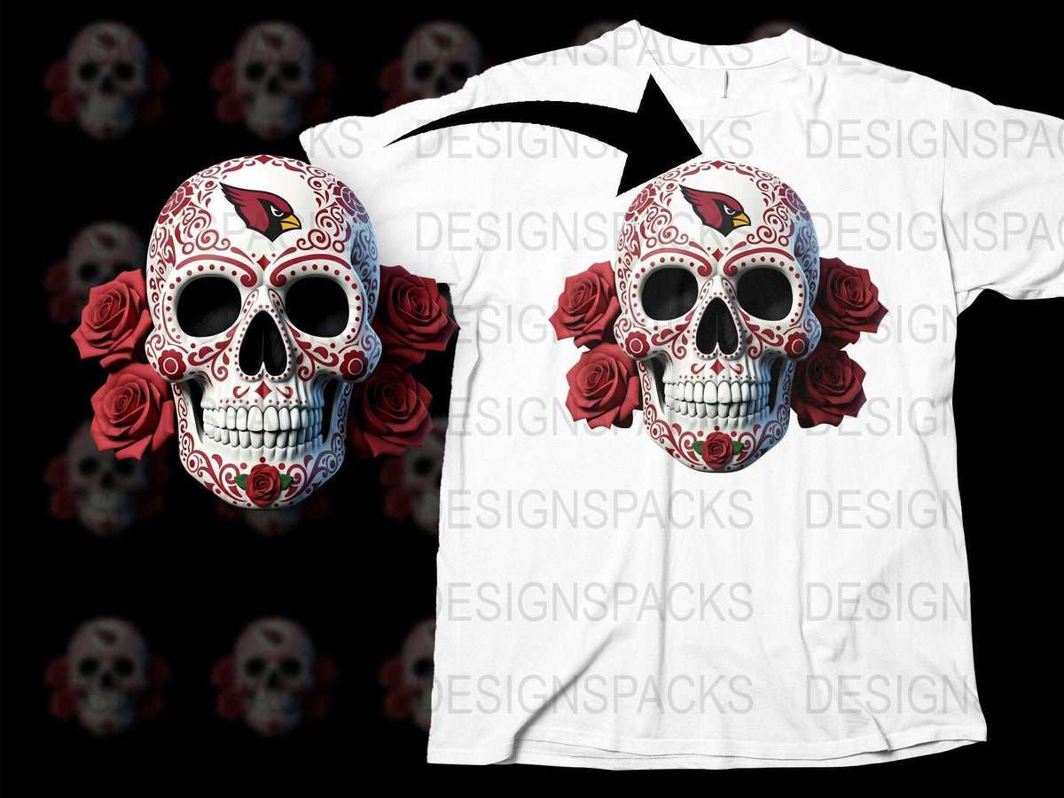 Sugar Skull T-Shirt with Red Roses, Day of the Dead Tee, White Skull Graphic Shirt, Floral Skull Design Top