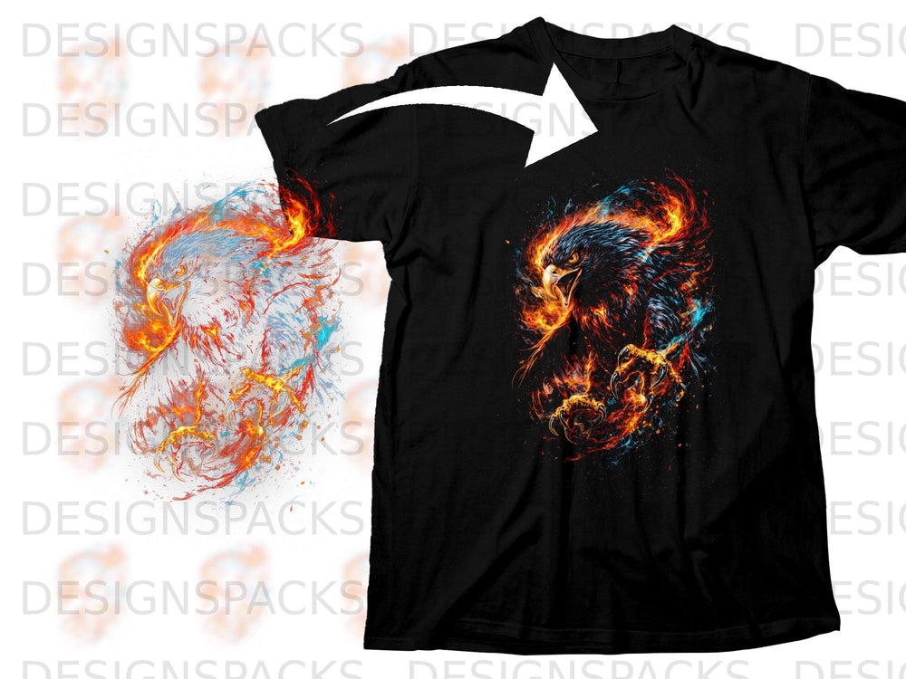 Black t-shirt with a flaming eagle graphic on the chest.
