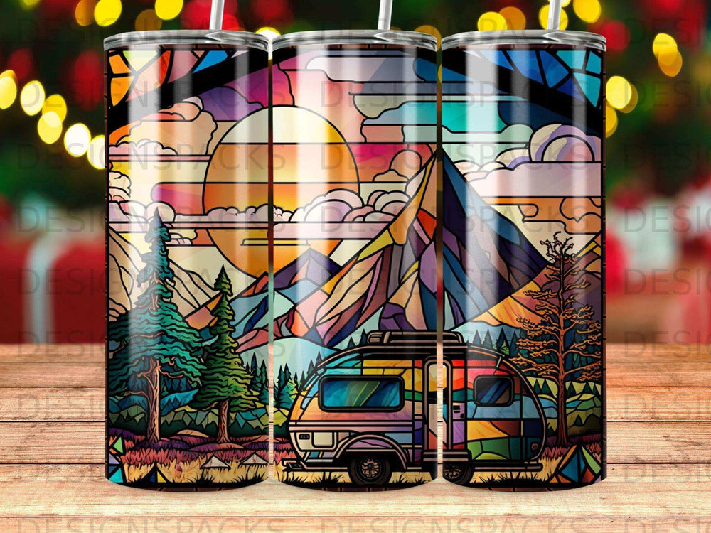 Colorful stained-glass style camper van and mountain scene on a tumbler.
