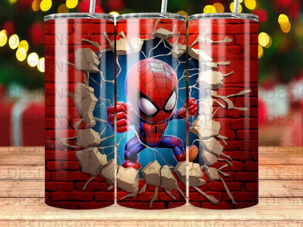 Spider-Man breaking through a brick wall, full body, red and blue suit.