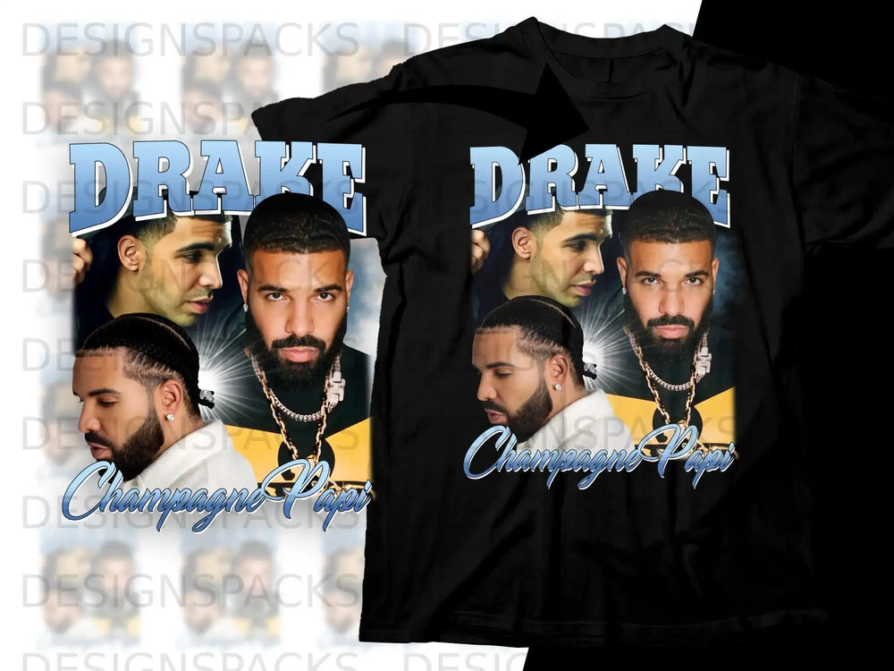 Black t-shirt with Drake's portrait and "Champagne Papi" text.