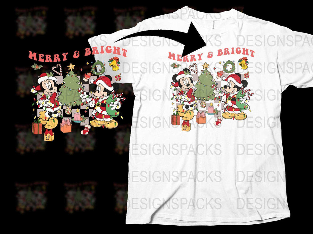Festive Merry and Bright Christmas T-Shirt, Santa and Reindeer Holiday Graphic Tee, Family Matching Shirts