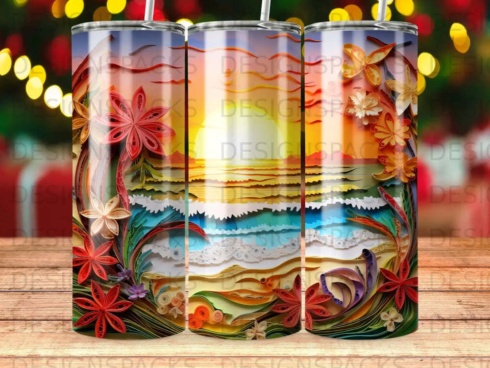 Three tumblers featuring a colorful layered paper art scene of a beach and ocean.