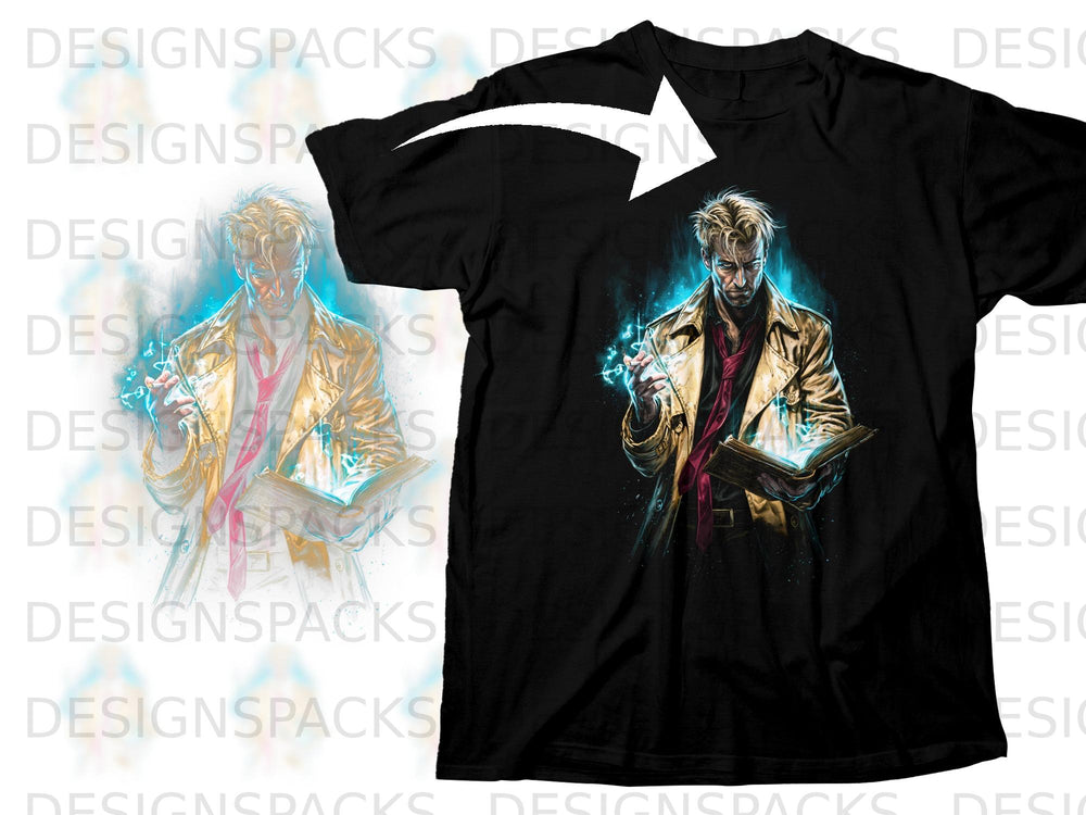 Black t-shirt featuring a graphic of John Constantine holding a book and smoking.