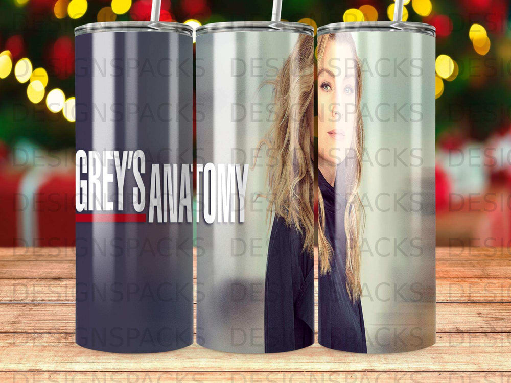 Grey's Anatomy logo on a patterned tumbler.