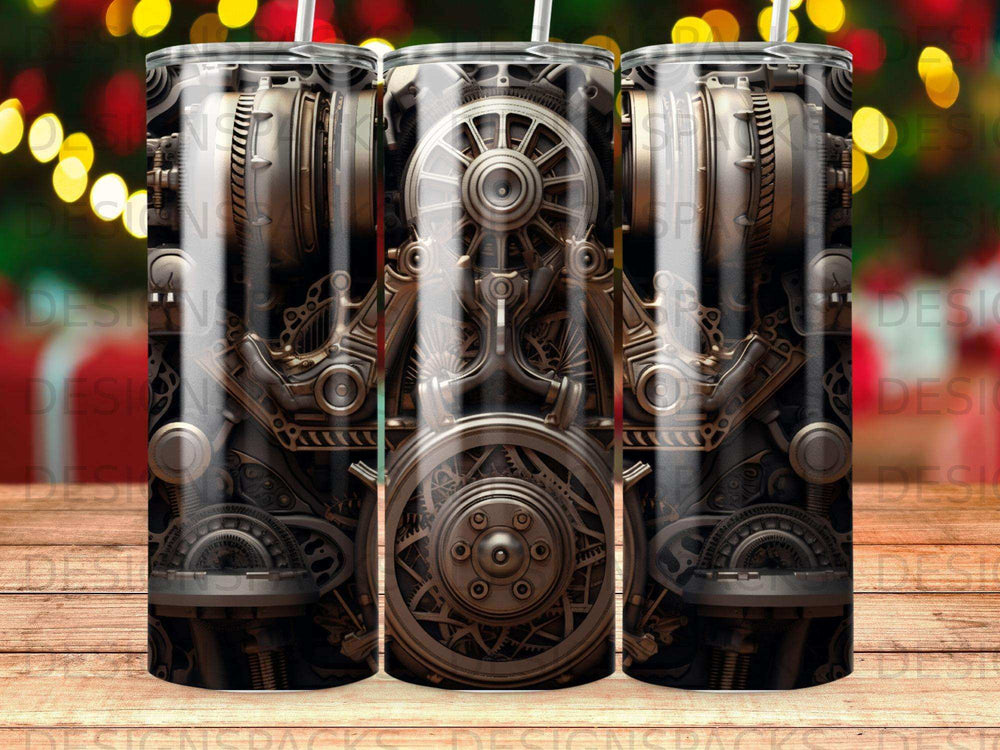 Steampunk gears and mechanical components design on a tumbler.