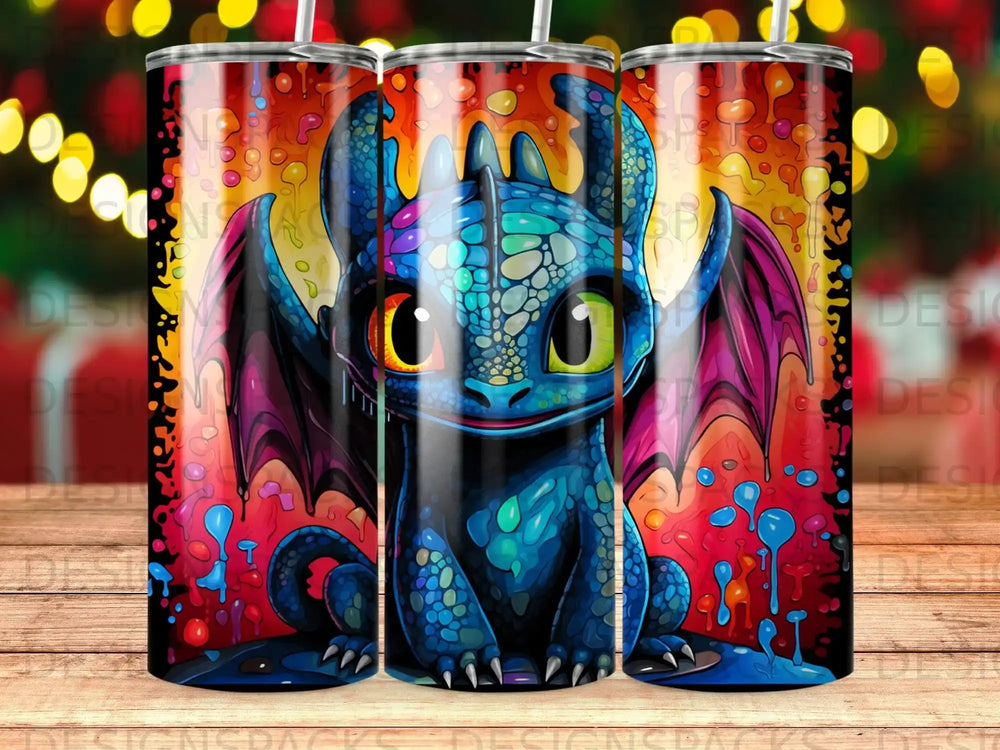 Blue dragon with purple wings and colorful scales on a red and yellow background.