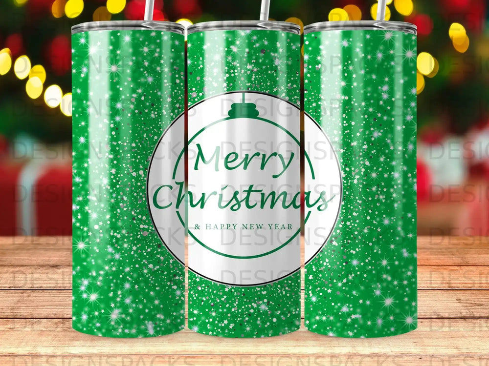 Green tumbler with glitter, snowflakes, and "Merry Christmas & Happy New Year" text.
