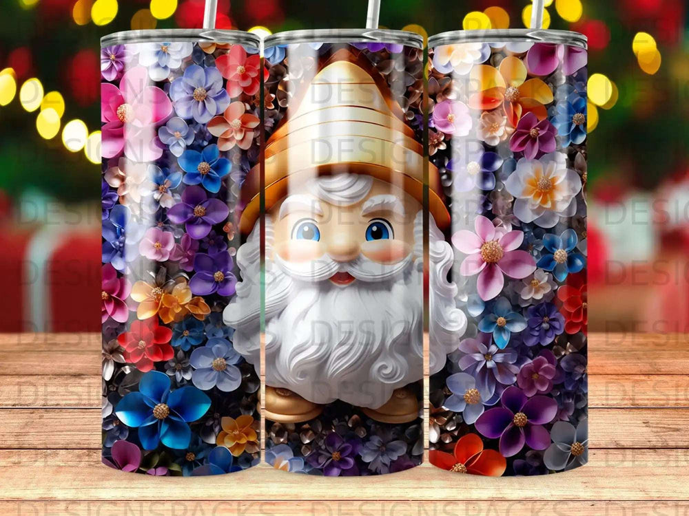 Gnome with flowers design on a tumbler.