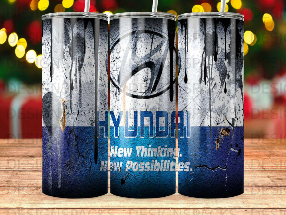 Hyundai logo and slogan "New Thinking. New Possibilities." on a tumbler.